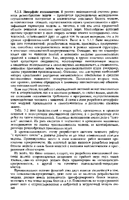 Если еще учесть, что работа с имитационной системой может выполняться как в интерактивном, так и в пакетном режимах, то станет ясным, насколько сложными оказываются требования к программам, осуществляющим взаимодействие человека с машиной. В связи с этим разработка интерфейсных модулей превращается в самостоятельную и достаточно сложную задачу.