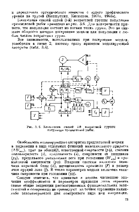 Блок-схема связей £-й возрастной группы популяции промысловой рыбы.