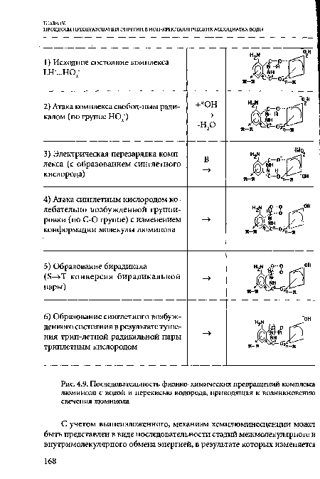 Последовательность физико-химических превращений комплекса люминола с водой и перекисью водорода, приводящая к возникновению свечения люминола