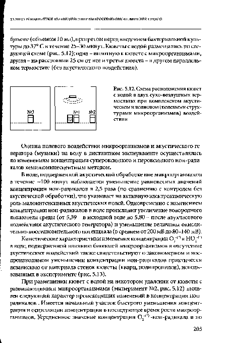 Схема расположения кювет с водой в двух сухо-воздушных термостатах при комплексном акустическом и волновом (полевыми структурами микроорганизмов) воздействии