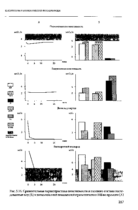 Сравнительная характеристика окисляемости и газового состава исследованных вод (Б) и динамика этих показателей при кипячении МВ во времени (А)