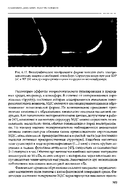 Фотографические изображения формы эмиссии света электромагнитным вихрем в свободной атмосфере. Структура вихря при угле 120° (а) и 90° (б) между сверхпроводящими нагрузками моновибратора