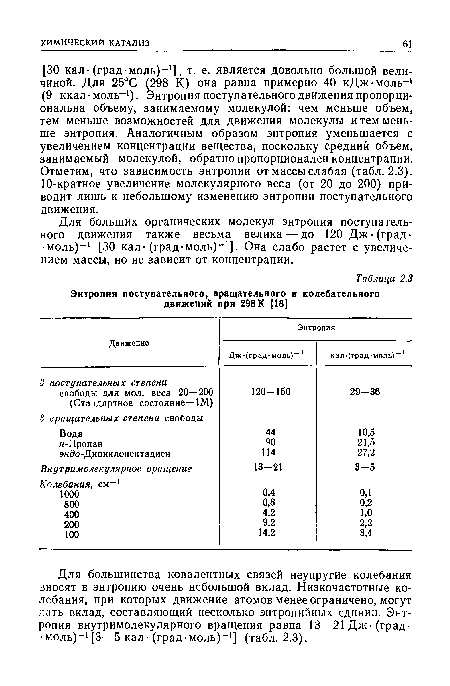 Для больших органических молекул энтропия поступательного движения также весьма велика—до 120 Дж-(град-•моль)-1 [30 кал-(град-моль)-1]. Она слабо растет с увеличением массы, но не зависит от концентрации.