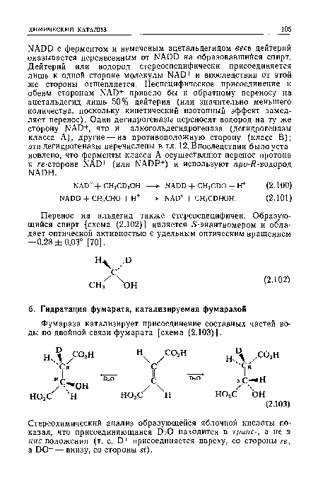 Фумараза катализирует присоединение составных частей воды по двойной связи фумарата [схема (2.103)].