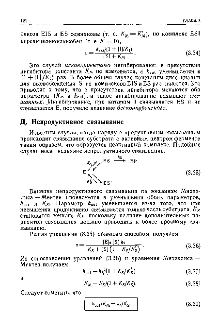 Известны случаи, когда наряду с продуктивным связыванием происходит связывание субстрата с активным центром фермента таким образом, что образуется неактивный комплекс. Подобные случаи носят название непродуктивного связывания.