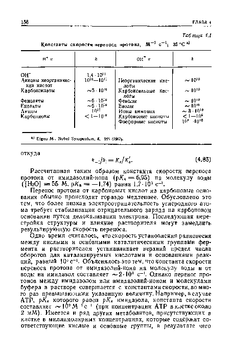 Рассчитанная таким образом константа скорости переноса протона от имидазолий-иона (р/Са = 6,95) на молекулу воды ([НгО] =55 М, р/Са = —1,74) равна 1,7-103 с-1.