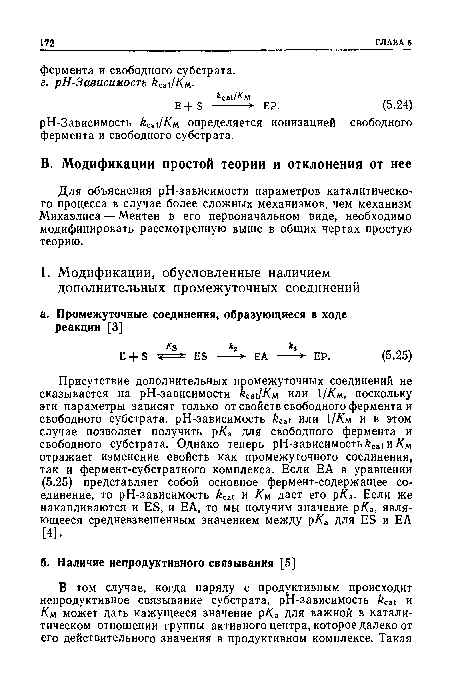 Для объяснения рН-зависимости параметров каталитического процесса в случае более сложных механизмов, чем механизм Михаэлиса — Ментен в его первоначальном виде, необходимо модифицировать рассмотренную выше в общих чертах простую теорию.