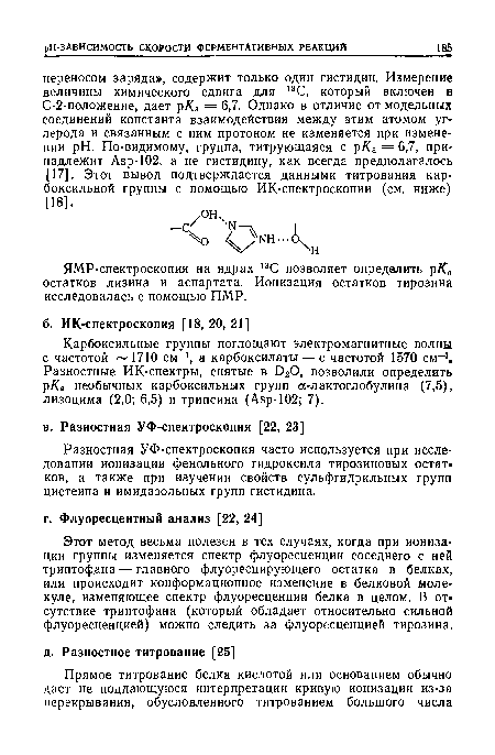 Карбоксильные группы поглощают электромагнитные волны с частотой — 1710 см-1, а карбоксилаты — с частотой 1570 см-1. Разностные ИК-спектры, снятые в 020, позволили определить р/Са необычных карбоксильных групп а-лактоглобулина (7,5), лизоцима (2,0; 6,5) и трипсина (Авр-102; 7).