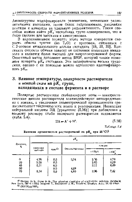 В видоизмененном варианте этого метода измеряется скорость обмена трития (из Т20) с протоном, связанным с С-2-атомом имидазольного кольца гистидина [18, 31, 32]. Константа скорости обмена зависит от состояния ионизации имида-зола и является более высокой для непротонированной формы. Описанный метод дополняет метод ЯМР, который также позволяет измерять р/Са гистидина. Эти эксперименты весьма трудоемки, однако с их помощью можно однозначно идентифицировать р/Са.