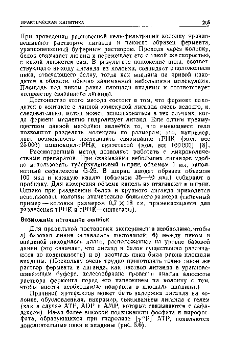 Рассмотренный метод позволяет работать с микроколичествами препаратов. При связывании небольших лигандов удобно использовать туберкулиновый шприц объемом 1 мл, заполненный сефадексом G-25. В шприц вводят образец объемом 100 мкл и каждую каплю (объемом 35—40 мкл) собирают в пробирку. Для измерения объема капель их втягивают в шприц. Однако при разделении белка и крупного лиганда приходится использовать колонки значительно большего размера (типичный пример — колонка размером 0,7X18 см, применяющаяся для разделения тРНК и тРНК—синтетазы).