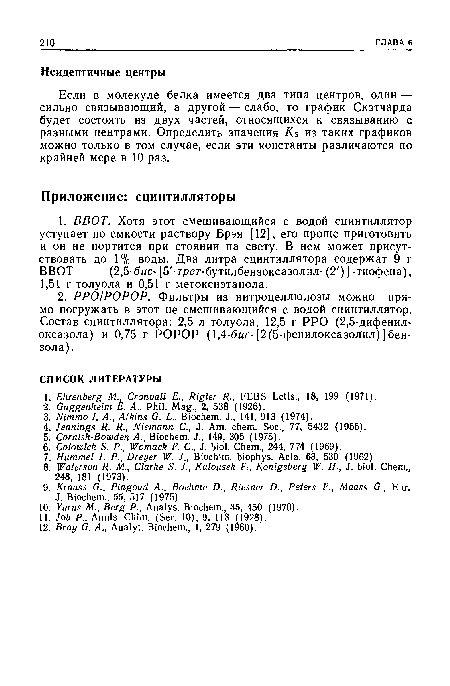 Если в молекуле белка имеется два типа центров, один — сильно связывающий, а другой — слабо, то график Скэтчарда будет состоять из двух частей, относящихся к связыванию с разными центрами. Определить значения Кв из таких графиков можно только в том случае, если эти константы различаются по крайней мере в 10 раз.