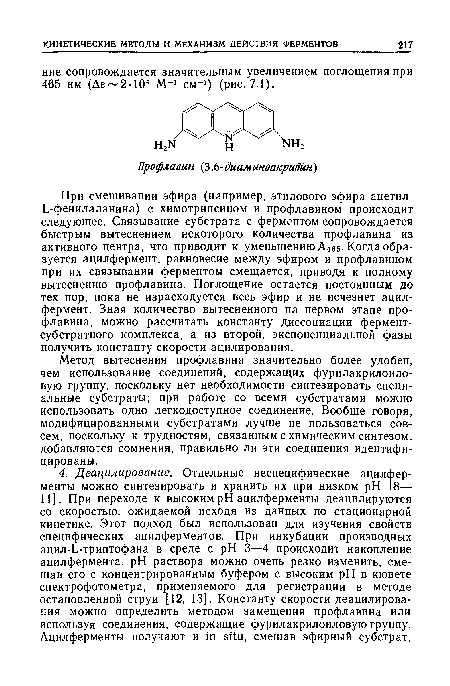 Метод вытеснения профлавина значительно более удобен, чем использование соединений, содержащих фурилакрилоило-вую группу, поскольку нет необходимости синтезировать специальные субстраты; при работе со всеми субстратами можно использовать одно легкодоступное соединение. Вообще говоря, модифицированными субстратами лучше не пользоваться совсем, поскольку к трудностям, связанным с химическим синтезом, добавляются сомнения, правильно ли эти соединения идентифицированы.