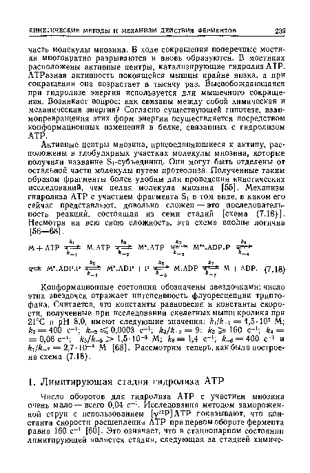 Активные центры миозина, присоединяющиеся к актину, расположены в глобулярных участках молекулы миозина, которые получили название Si-субъединиц. Они могут быть отделены от остальной части молекулы путем протеолиза. Полученные таким образом фрагменты более удобны для проведения кинетических исследований, чем целая молекула миозина [55]. Механизм гидролиза АТР с участием фрагмента Si в том виде, в каком его сейчас представляют, довольно сложен — это последовательность реакций, состоящая из семи стадий [схема (7.18)]. Несмотря на всю свою сложность, эта схема вполне логична [56—68].