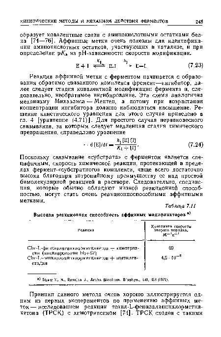 Поскольку связывание «субстрата» с ферментом является специфичным, скорость химической реакции, протекающей в пределах фермент-«субстратного» комплекса, чаще всего достаточно высока благодаря энтропийному преимуществу ее над простой бимолекулярной реакцией в растворе. Следовательно, соединения, которые обычно обладают низкой реакционной способностью, могут стать очень реакционноспособными аффинными метками.