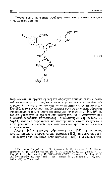 Карбоксильная группа субстрата образует ионную связь с боковой цепью Arg-171. Гидроксильная группа лактата связана водородной связью с непротонированным имидазольным кольцом His-195, в то время как карбонильная группа пирувата образует водородную связь с протонированным имидазолом. His-195 не только участвует в ориентации субстрата, но и действует как кислотно-основный катализатор, стабилизируя отрицательный заряд, который образуется на кислородном атоме пирувата в ходе реакции, и способствуя отщеплению протона от лактата при окислении.