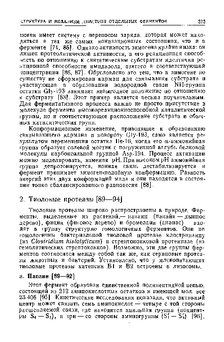 Этот фермент образован единственной полипептидной цепью, состоящей из 212 аминокислотных остатков и имеющей мол. вес 23 406 [95]. Кинетические исследования показали, что активный центр может связать семь аминокислот — четыре с той стороны расщепляемой связи, где находится ацильная группа (подцент-ры S4 — Si), а три — со стороны аминогруппы (Si — S3) [96].