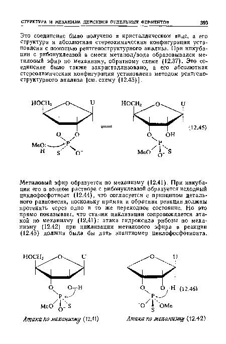 Это соединение было получено в кристаллическом виде, а его структура и абсолютная стереохимическая конфигурация установлена с помощью рентгеноструктурного анализа. При инкубации с рибонуклеазой в смеси метанол/вода образовывался метиловый эфир по механизму, обратному схеме (12.37). Это соединение было также закристаллизовано, а его абсолютная стереохимическая конфигурация установлена методом рентгено структурного анализа [см. схему (12.45)].
