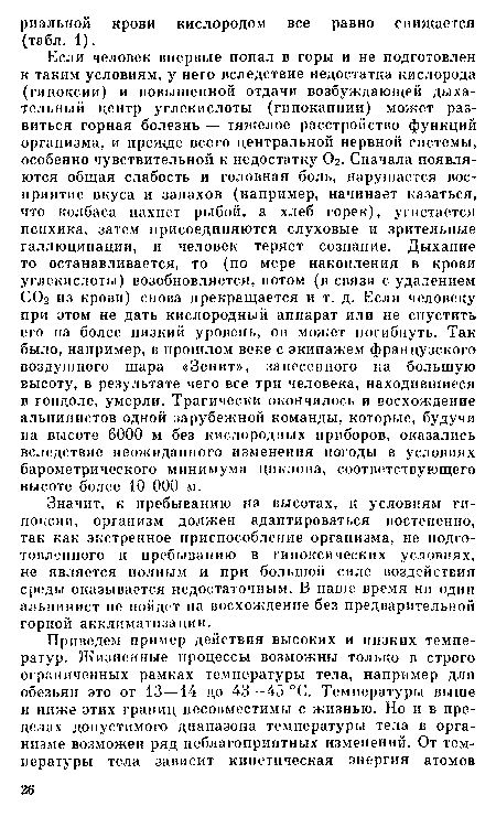 Значит, к пребыванию на высотах, к условиям гипоксии, организм должен адаптироваться постепенно, так как экстренное приспособление организма, не подготовленного к пребыванию в гипоксических условиях, не является полным и при большой силе воздействия среды оказывается недостаточным. В наше время ни один альпинист не пойдет на восхождение без предварительной горной акклиматизации.