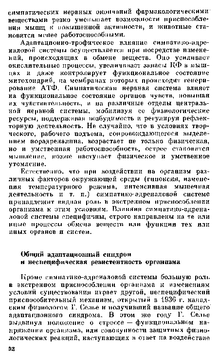 Адаптационно-трофическое влияние симпатико-адре-наловой системы осуществляется при посредстве изменений, происходящих в обмене веществ. Оно усиливает окислительные процессы, увеличивает запасы КФ в мышцах и даже контролирует функциональное состояние митохондрий, на мембранах которых происходит генерирование АТФ. Симпатическая нервная система влияет на функциональное состояние органов чувств, повышая их чувствительность, и на различные отделы центральной нервной системы, мобилизуя ее физиологические ресурсы, поддерживая возбудимость и регулируя рефлекторную деятельность. Не случайно, что в условиях творческого, рабочего подъема, сопровождающегося выделением норадреналина, возрастает не только физическая, но и умственная работоспособность, острее становится мышление, позже наступает физическое и умственное утомление.