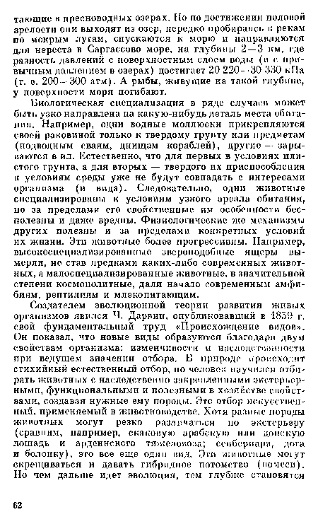 Биологическая специализация в ряде случаев может быть узко направлена на какую-нибудь деталь места обитания. Например, одни водные моллюски прикрепляются своей раковиной только к твердому грунту или предметам (подводным сваям, днищам кораблей), другие — зарываются в ил. Естественно, что для первых в условиях илистого грунта, а для вторых — твердого их приспособления к условиям среды уже не будут совпадать с интересами организма (и вида). Следовательно, одни животные специализированы к условиям узкого ареала обитания, но за пределами его свойственные им особенности бесполезны и даже вредны. Физиологические же механизмы других полезны и за пределами конкретных условий их жизни. Эти животные более прогрессивны. Например, высокоспециализированные звероподобные ящеры вымерли, не став предками каких-либо современных животных, а малоспециализированные животные, в значительной степени космополитные, дали начало современным амфибиям, рептилиям и млекопитающим.