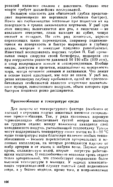 Большую опасность для обитателей глубин представляет перемещение по вертикали (особенно быстрое). Почти все глубоководные животные при поднятии их на поверхность в тралах оказываются мертвыми. У рыб при этом пищевод выпячивается изо рта, а кишечник — из анального отверстия, глаза выходят из орбит, чешуя отстает и отпадает. Но есть ряд животных, хорошо переносящих такие перемещения, например поднимающиеся на поверхность и быстро ныряющие в глубину акулы, макрели и живущие придонно ракообразные. Известный исследователь морских глубин В. Биб привязывал омара снаружи своей батисферы, подвергая его при погружении разности давлений 10 110 кПа (100 атм), и омар возвращался живым и неповрежденным. Вообще омары, лангусты и креветки, извлекаемые на поверхность моря, всегда остаются живыми и активными. Что лежит в основе такой адаптации, мы еще не знаем. У рыб же, резко меняющих глубину пребывания, одной из приспособительных особенностей является отсутствие плавательного пузыря, заполненного воздухом, объем которого при быстром поднятии резко расширяется.