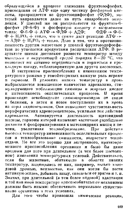 В экстренном приспособлении к изменениям температурного режима у гомойотермиых важную роль играют и гормоны. В условиях низких температур в кровь выбрасывается повышенное количество адреналина, стимулирующего мобилизацию глюкозы и жирных кислот и интенсивность окислительных процессов. В крови происходит освобождение глюкокортикоидов от связи с белками, а затем и новое поступление их в кровь из коры надпочечников. Они повышают чувствительность периферических адренорецепторов, усиливая тем действие адреналина. Активируется деятельность щитовидной железы, гормоны которой вызывают частичное разобщение дыхания и фосфорилирования в митохондриях мышц и печени, увеличивая теплообразование. При действии высоких температур интенсивность окислительных процессов и теплообразование снижаются, возрастает теплоотдача. Но все это хорошо для экстренного, кратковременного приспособления организма и было бы даже вредным для него при длительном (а тем более постоянном) изменении температурных условий. Действительно, если бы животные, обитающие в области низких температур, защищались от них, например, только Холодовой дрожью, неизвестно, как они могли бы вести активную жизнь, добывать пищу, спасаться от врагов и т. п. Значит, при длительной (а тем более видовой) адаптации к той или иной температуре приспособительные механизмы должны быть иными: обеспечивать нормальное существование организма в этих условиях.