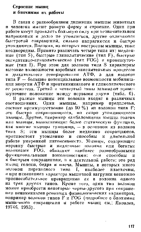 В связи с разнообразием движения мышцы животных и человека имеют разную форму и строение. Одни при работе могут проявлять большую силу при незначительном напряжении и долго не утомляться, другие отличаются быстротой сокращений, сильно напрягаются и быстро утомляются. Волокна, из которых построены мышцы, тоже неоднородны. Принято различать четыре типа их: медленные (тип S), быстрые гликолитические (тип F), быстрые оксидативно-гликолитические (тип FOG) и промежуточные (тип I). При этом для волокон типа S характерны высокие возможности аэробных окислительных процессов и дыхательного генерирования АТФ, а для волокон типа F — большие потенциальные возможности мобилизации энергии АТФ и креатинкиназного и гликолитического ее ресинтеза. Третий и четвертый типы занимают промежуточное положение между первыми двумя (табл. 6).