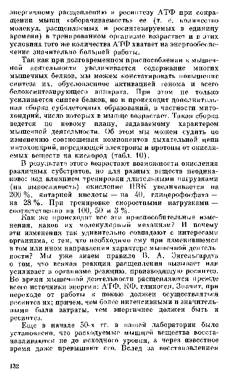 Так как при долговременном приспособлении к мышечной деятельности увеличивается содержание многих мышечных белков, мы можем констатировать повышение синтеза их, обусловленное активацией генома и всего белоксинтезирующего аппарата. При этом не только усиливается синтез белков, но и происходит дополнительная сборка субклеточных образований, в частности митохондрий, число которых в мышце возрастает. Такая сборка ведется по новому плану, задаваемому характером мышечной деятельности. Об этом мы можем судить по изменению соотношения компонентов дыхательной цепи митохондрий, передающей электроны и протоны от окисляемых веществ на кислород (табл. 10).