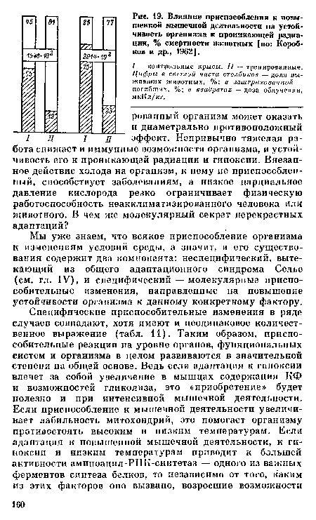 Мы уже знаем, что всякое приспособление организма к изменениям условий среды, а значит, и его существования содержит два компонента: неспецифический, вытекающий из общего адаптационного синдрома Селье (см. гл. IV), и специфический — молекулярные приспособительные изменения, направленные на повышение устойчивости организма к данному конкретному фактору.