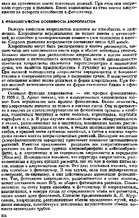 Хлоропласты могут быть распределены в клетке равномерно, однако чаще они скапливаются около ядра и вблизи клеточных стенок. Большое значение для расположения хлоропластов в клетке имеют направление и интенсивность освещения. При малой интенсивиостп освещения хлоропласты становятся перпендикулярно к падающим лучам, что является приспособлением к лучшему их улавлвваншо. При высокой освещенности хлоропласты передвигаются к боковым степкам и поворачиваются ребром к падающим лучам. В зависимости от освещения ыожет также меняться п форма хлоропластов. При более высокой интенсивности света их форма становится ближе к сферической.