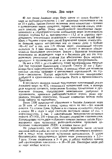 В результате оказался сильно нарушенным естественный режим Азовского моря: на 40% уменьшился материковый сток, в полтора раза возросла соленость, загрязнение бассейна промстоками и дренажными стоками, содержащими минеральные удобрения и ядохимикаты, превысило рыбохозяйственные нормы, резко сократилась площадь нерестилищ, большое количество молоди рыбы стало гибнуть на водозаборах.