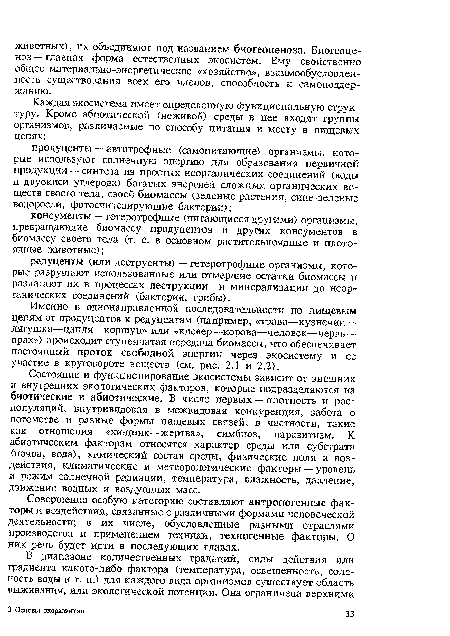 Состояние и функционирование экосистемы зависит от внешних и внутренних экологических факторов, которые подразделяются на биотические и абиотические. В числе первых — плотность и рост популяций, внутривидовая в межвидовая конкуренция, забота о потомстве и разные формы пищевых связей, в частности, такие как отношения «хищник—жертва», симбиоз, паразитизм. К абиотическим факторам относятся характер среды или субстрата (почва, вода), химический состав среды, физические поля и воздействия, климатические и метеорологические факторы — уровень и режим солнечной радиации, температура, влажность, давление, движение водных и воздушных масс.