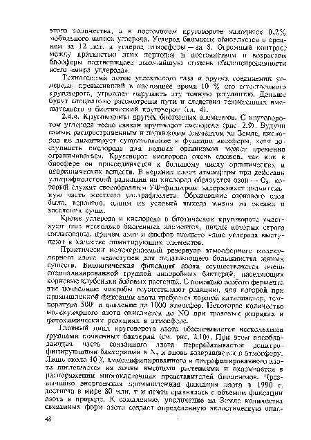 Кроме углерода и кислорода в биотическом круговороте участвуют еще несколько биогенных элементов, циклы которых строго согласованы, причем азот и фосфор намного чаще углерода выступают в качестве лимитирующих элементов.