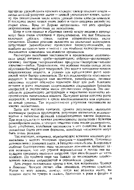 Здесь нет жесткого контроля, единого регулятора, задающего постоянную скорость круговорота; регуляция достигается подогнан-ностью и гибкостью функций взаимосвязанных членов биоценоза. При этом существует важная закономерность: экосистемы с большим разнообразием видов, в которых пищевые цепи имеют разветвления, более устойчивы, колебания численности в них сглажены. Если же экосистема бедна разными формами, колебания численности могут быть очень резкими.