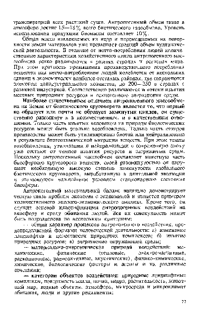 Наиболее существенным отличием антропогенного массообме-на на Земле от биотического круговорота является то, что первый не образует или почти не образует замкнутых циклов, он существенно разомкнут и в количественном, и в качественном отношении. Только часть изъятых человеком из природы биологических ресурсов может быть реально возобновлена. Только часть отходов производства может быть утилизирована биотой или нейтрализована в результате биогеохимической миграции веществ. При этом темпы возобновления, утилизации и нейтрализации в современную эпоху уже отстают от темпов изъятия ресурсов и загрязнения среды. Поскольку антропогенный массообмен составляет заметную часть биосферного круговорота веществ, своей разомкнутостью он нарушает необходимую высокую степень замкнутости глобального биотического круговорота, выработанную в длительной эволюции и являющуюся важнейшим условием стационарного состояния биосферы.