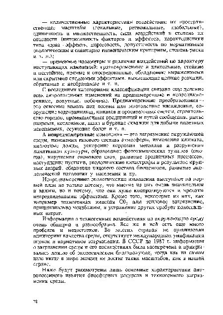 А непреднамеренные изменения — это загрязнение окружающей среды, изменения газового состава атмосферы, изменения климата, кислотные дожди, ускорение коррозии металлов и разрушения памятников культуры, образование фотохимических туманов (смогов), нарушения озонового слоя, развитие эрозионных процессов, наступление пустыни, экологические катастрофы в результате крупных аварий, обеднение видового состава биоценозов, развитие экологической патологии у населения и др.