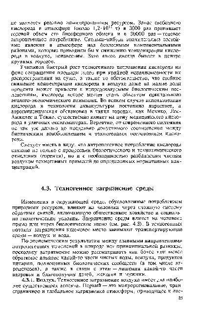 Учитывая быстрый рост техногенного поглощения кислорода на фоне сокращения площади лесов при крайней неравномерности их распространения на суше, а также то обстоятельство, что стойкое снижение концентрации кислорода в воздухе даже на малые доли процента может привести к непредсказуемым биологическим последствиям, кислород вскоре может стать объектом пристального эколого-экономического внимания. Во всяком случае использование кислорода в технологии аквакультуры постоянно нарастает, а аэрогигиеническая обстановка в таких городах, как Мехико, Лос-Анжелес и Токио, существенно влияет на цену медицинского кислорода в уличных оксигенаторах. Вероятно, от современного состояния не так уж далеко до предельно допустимого соотношения между биотическим возобновлением и техногенным поглощением кислорода.