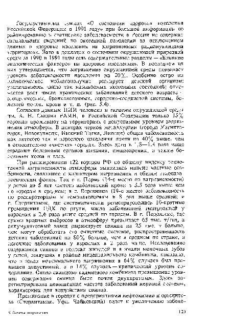 Согласно данным НИИ человека и гигиены окружающей среды им. А. Н. Сысина РАМН, в Российской Федерации только 15% горожан проживают на территориях с допустимым уровнем загрязнения атмосферы. В центрах черной металлургии (города Магнитогорск, Новокузнецк, Нижний Тагил, Липецк) общая заболеваемость как детского так и взрослого населения почти на 40% выше, чем в относительно «чистых» городах. Здесь дети в 1,3—1,4 раза чаще страдают болезнями органов дыхания, пищеварения, а также болезнями кожи и глаз.