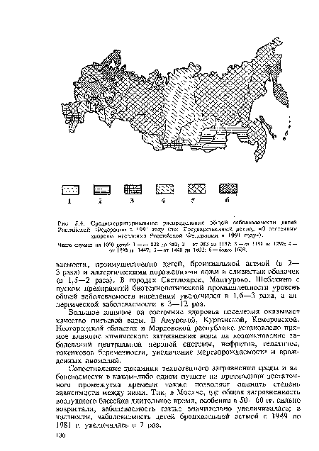 Среднетерриториальное распределение общей заболеваемости детей Российской Федерации в 1991 году (по