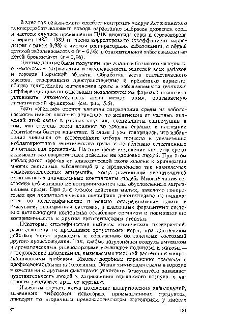 Некоторые специфические выбросы химических предприятий, даже если они не превышают допустимых норм, при длительном действии могут приводить к обострению болезненных состояний другого происхождения. Так, слабые загрязнения воздуха аммиаком и ароматическими углеводородами усиливают полинозы и микозы — аллергические заболевания, вызываемые пыльцой растений и микроскопическими грибками. Многие подобные поражения граничат с профессиональными патологиями. Общая химизация среды в городах в сочетании с другими факторами угнетения иммунитета повышает чувствительность людей к загрязнению вдыхаемого воздуха, в частности усиливает вред от курения.