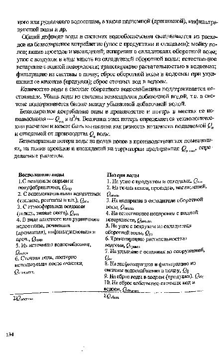 Общий дефицит воды в системах водообеспечения складывается из расходов на безвозвратное потребление (унос с продуктами и отходами); мойку полов; полив проездов и насаждений; испарения в охладителях оборотной воды; унос с воздухом в виде капель из охладителей оборотной воды; естественное испарение с водной поверхности; транспирацию растительностью в водоемах; фильтрацию из системы в почву; сброс оборотной воды в водоемы при ухудшении ее качества (продувка); сброс сточных вод в водоем.