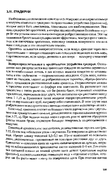 Водораспределительные и оросительные устройства градирен. Охлаждаемая вода распределяется над оросителем градирни по системе деревянных или железобетонных лотков, в дне которых имеются отверстия со вставленными в них трубочками — гидравлическими насадками. Струи воды, вытекающие из насадков, падают на разбрызгивающие тарелочки, образуя фонтаны брызг, орошающие расположенный ниже ороситель. Гидравлические насадки и тарелочки изготовляют из фарфора или пластмассы. Их располагают над оросителем с таким расчетом, что бы факелы брызг, создаваемых соседними тарелочками, перекрывали друг друга, что достигается при расстоянии между ними 1—1,25 м. Применяют также напорное водораспределительное устройство из нержавеющих труб, например асбестоцементных. В этом случае вода разбрызгивается над оросителем с помощью специальных низконапорньтх сопл.