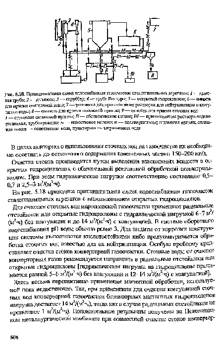 Очистка стоков производится путем выделения взвешенных веществ в открытых гидроциклонах с обязательной реагентной обработкой полиакриламидом. При этом гидравлические нагрузки соответственно составляют 0,5-0,7 и 2,5-3 м7(м2-ч).