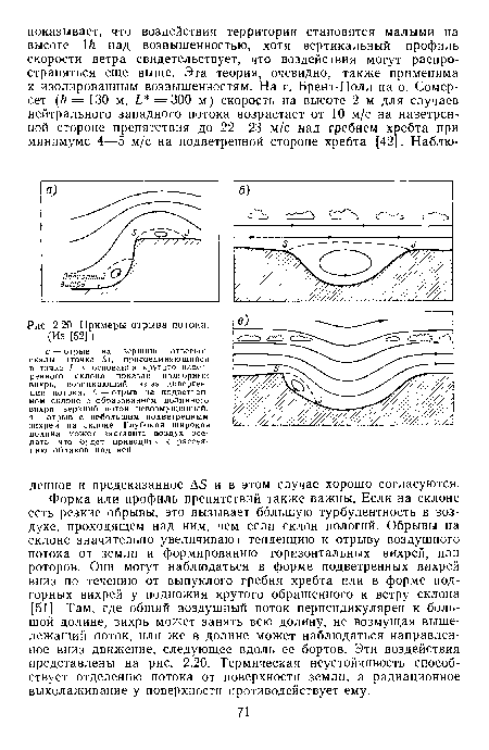 Форма или профиль препятствий также важны. Если на склоне есть резкие обрывы, это вызывает большую турбулентность в воздухе, проходящем над ним, чем если склон пологий. Обрывы на склоне значительно увеличивают тенденцию к отрыву воздушного потока от земли и формированию горизонтальных вихрей, или роторов. Они могут наблюдаться в форме подветренных вихрей вниз по течению от выпуклого гребня хребта или в форме подгорных вихрей у подножия крутого обращенного к ветру склона [51]. Там, где общий воздушный поток перпендикулярен к большой долине, вихрь может занять всю долину, не возмущая вышележащий поток, или же в долине может наблюдаться направленное вниз движение, следующее вдоль ее бортов. Эти воздействия представлены на рис. 2.20. Термическая неустойчивость способствует отделению потока от поверхности земли, а радиационное выхолаживание у поверхности противодействует ему.