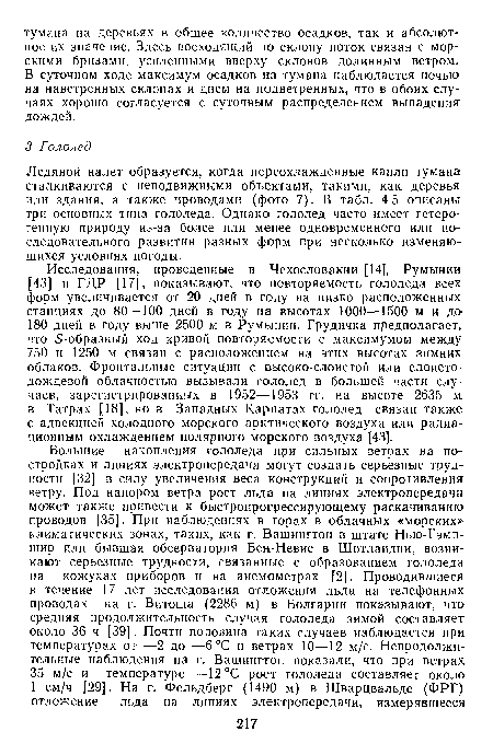 Исследования, проведенные в Чехословакии [14], Румынии [43] и ГДР [17], показывают, что повторяемость гололеда всех форм увеличивается от 20 дней в году на низко расположенных станциях до 80—100 дней в году на высотах 1000—1500 м и до 180 дней в году выше 2500 м в Румынии. Грудичка предполагает, что 5-образный ход кривой повторяемости с максимумом между 750 и 1250 м связан с расположением на этих высотах зимних облаков. Фронтальные ситуации с высоко-слоистой или слоистодождевой облачностью вызывали гололед в большей части случаев, зарегистрированных в 1952—1953 гг. на высоте 2635 м в Татрах [18], но в Западных Карпатах гололед связан также с адвекцией холодного морского арктического воздуха или радиационным охлаждением полярного морского воздуха [43].