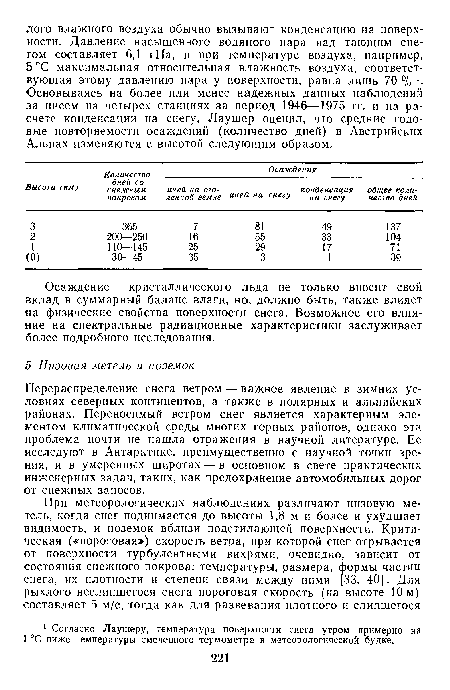 Перераспределение снега ветром — важное явление в зимних условиях северных континентов, а также в полярных и альпийских районах. Переносимый ветром снег является характерным элементом климатической среды многих горных районов, однако эта проблема почти не нашла отражения в научной литературе. Ее исследуют в Антарктике, преимущественно с научной точки зрения, и в умеренных широтах — в основном в свете практических инженерных задач, таких, как предохранение автомобильных дорог от снежных заносов.