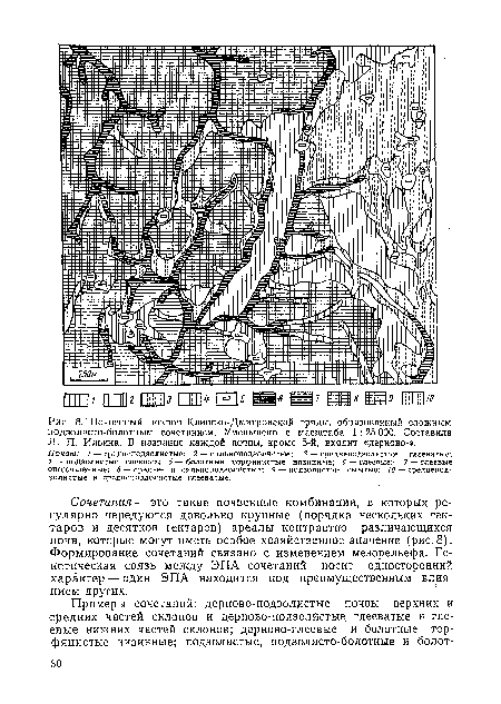 Сочетания — это такие почвенные комбинации, в которых регулярно чередуются довольно крупные (порядка нескольких гектаров и десятков гектаров) ареалы контрастно различающихся почв, которые могут иметь особое хозяйственное значение (рис. 8). Формирование сочетаний связано с изменением мезорельефа. Генетическая связь между ЭПА сочетаний носит односторонний характер — один ЭПА находится под преимущественным влиянием других.