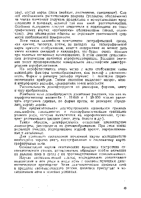 Хотя такие важнейшие компоненты географической среды, как климат, геология, почвы, не находят на топографической карте прямого отображения, анализ содержания ее может дать много важных сведений о ландшафте, что будет очень полезно при полевых почвенных исследованиях. В этом смысле существенным дополнением являются аэрофотоматериалы. Большое значение имеет предварительное камеральное ландшафтное дешифрирование аэрофотоснимков.