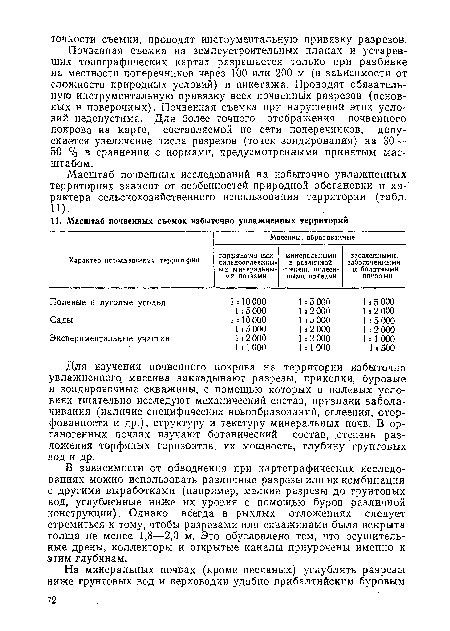 Почвенная съемка на землеустроительных планах и устаревших топографических картах разрешается только при разбивке на местности поперечников через 100 или 200 м (в зависимости от сложности природных условий) и пикетажа. Проводят обязательную инструментальную привязку всех почвенных разрезов (основных и поверочных). Почвенная съемка при нарушении этих условий недопустима. Для более точного отображения почвенного покрова на карте, составляемой по сети поперечников, допускается увеличение числа разрезов (точек зондирования) на 30— 50 % в сравнении с нормами, предусмотренными принятым масштабом.