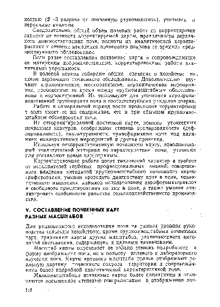 Для рационального использования почв на разных уровнях руководства сельским хозяйством, кроме крупномасштабных, почвенных карт, применяют карты других масштабов, различающиеся методикой составления, содержанием и целевым назначением.